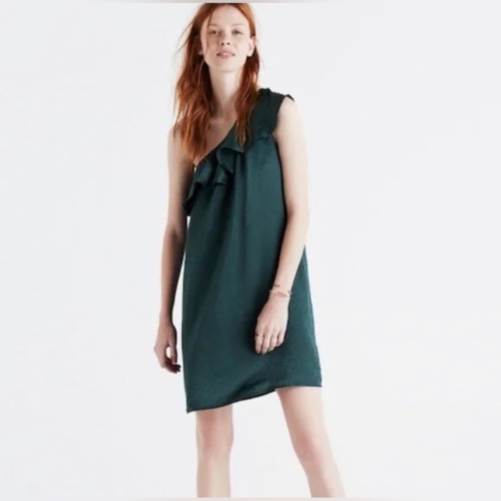 Madewell Women’s Dark Green One Shoulder 100% Silk Dress SZ 4 💚